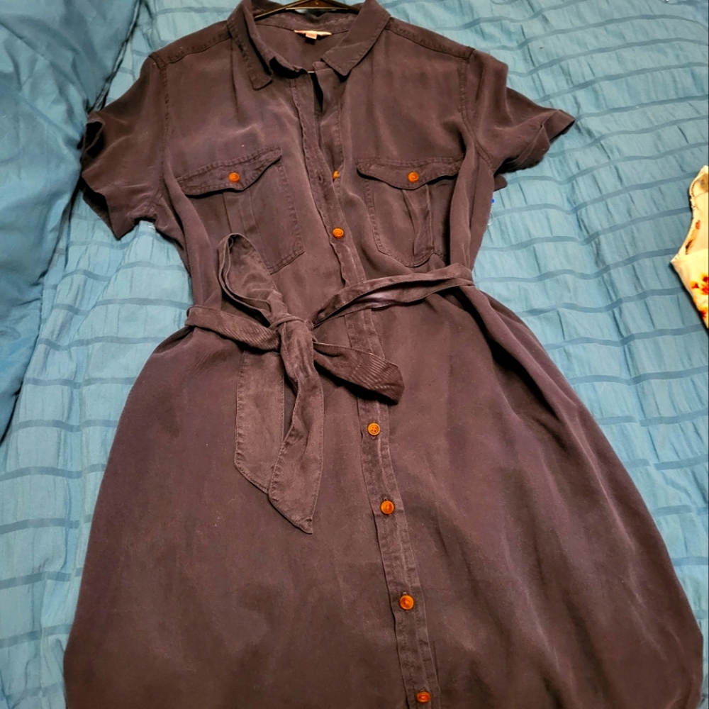 Navy Blue Button-Up Dress with Belt